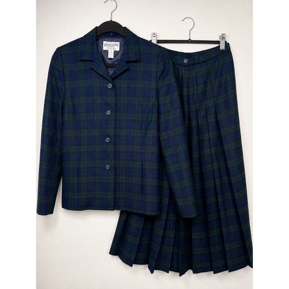 Vintage Pendleton Black Watch Tartan 100% Wool Skirt Suit 2 Piece Made in USA